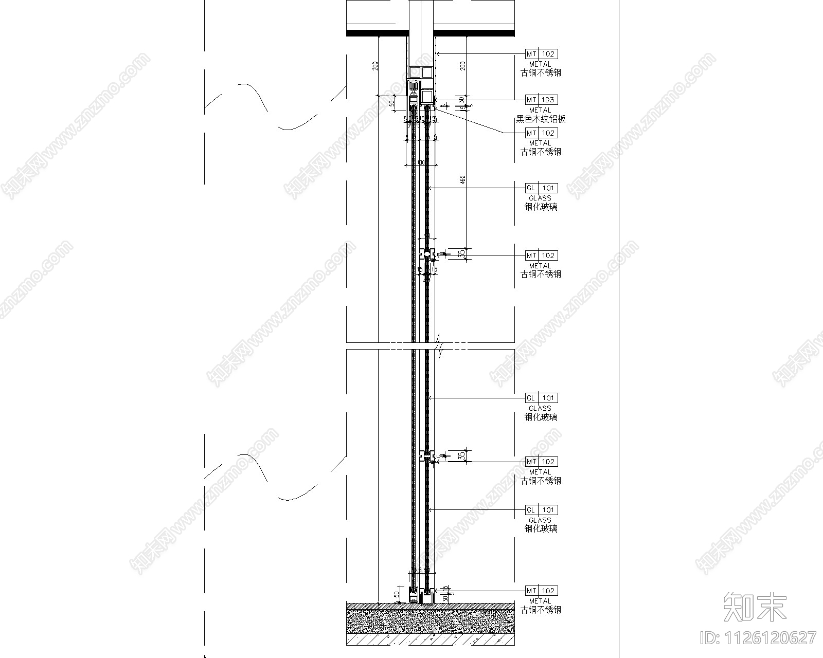 木纹金属玻璃平开门大样详图cad施工图下载【ID:1126120627】