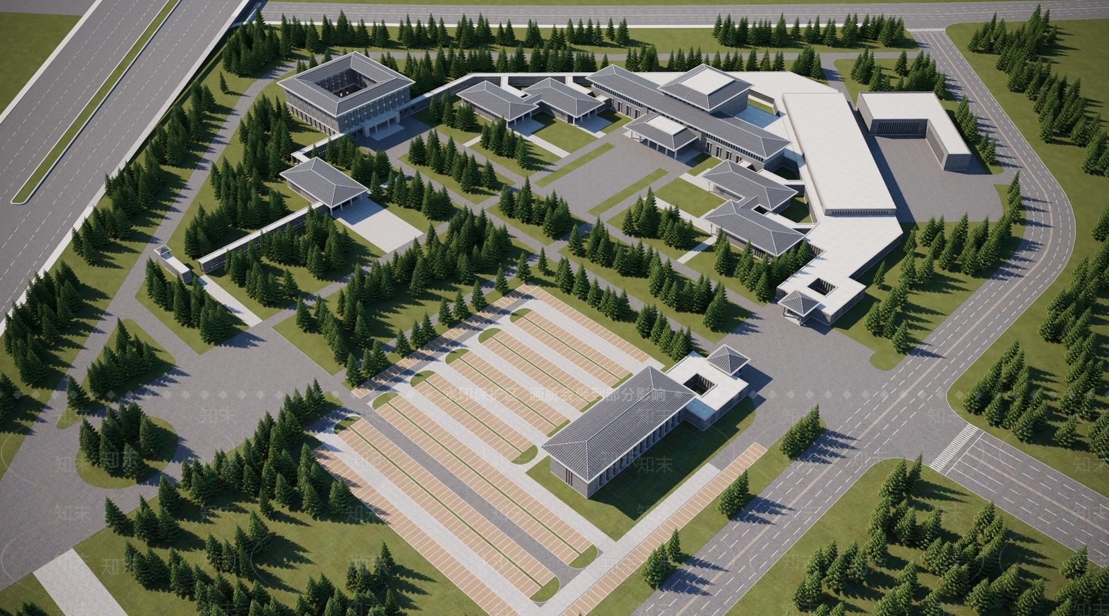 现代办公楼鸟瞰规划3D模型下载【ID:1126149873】