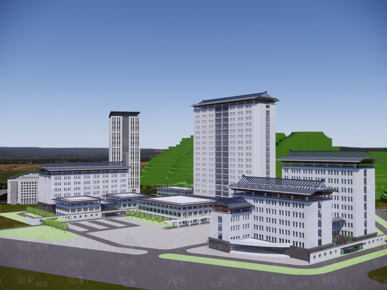 新中式医疗建筑SU模型下载【ID:1126158153】