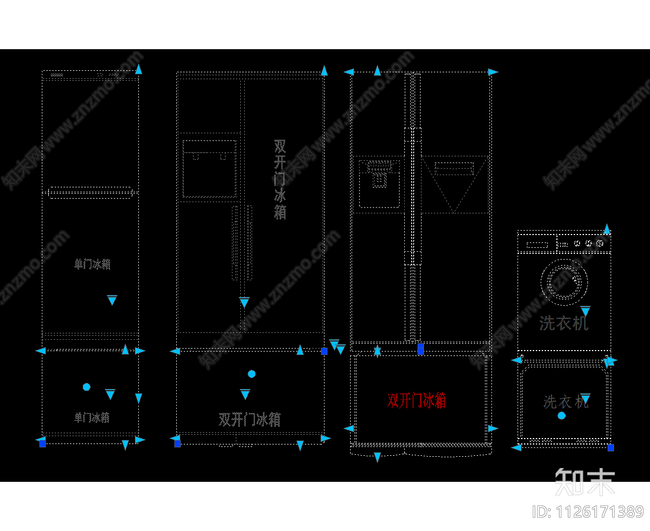 CAD素材单门冰箱双门冰箱洗衣机正面俯视图施工图下载【ID:1126171389】