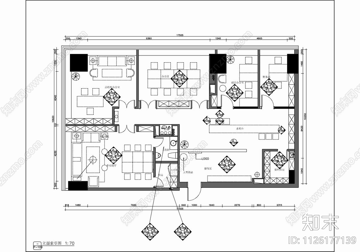 200㎡办公室CAD施工图下载【ID:1126177139】
