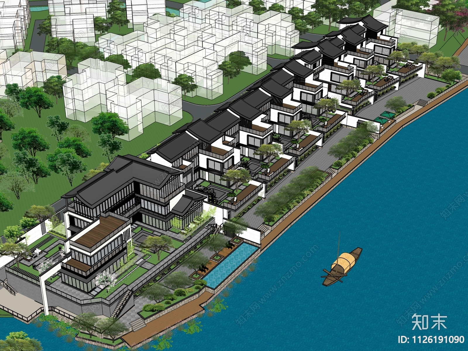 新中式住宅建筑联排别墅SU模型下载【ID:1126191090】_知末su模型网