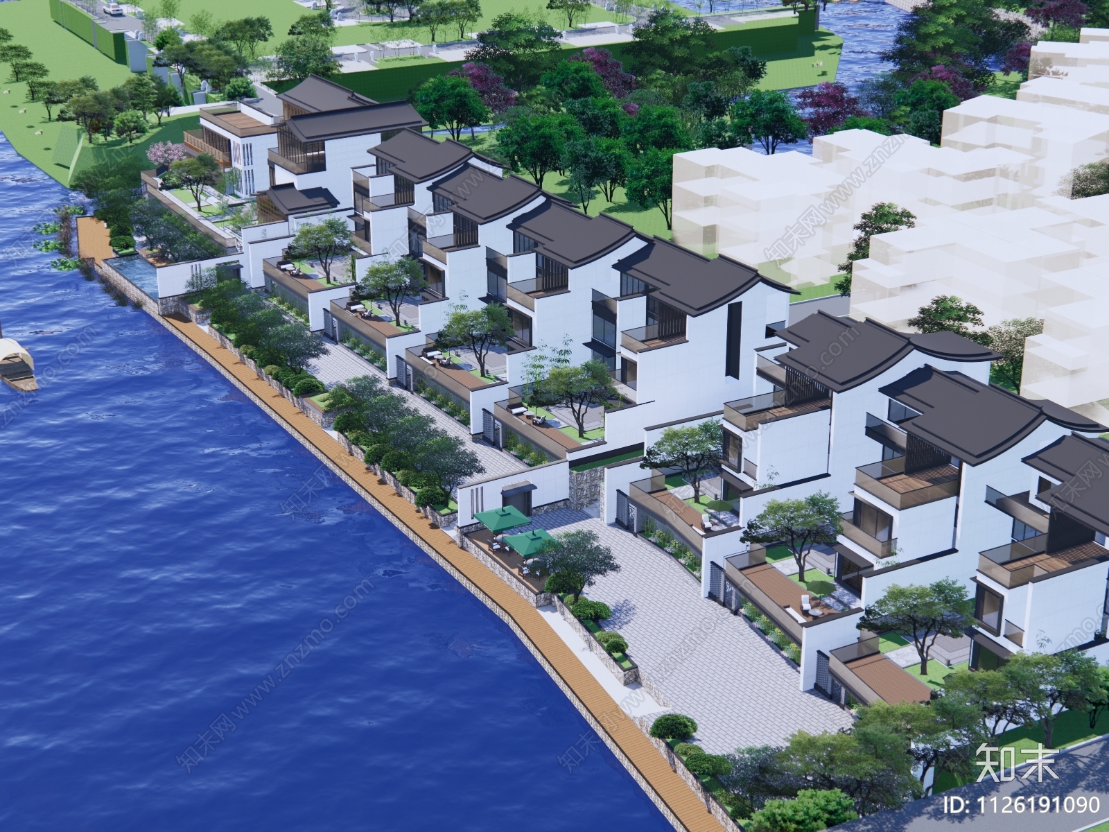 新中式住宅建筑联排别墅SU模型下载【ID:1126191090】_知末su模型网