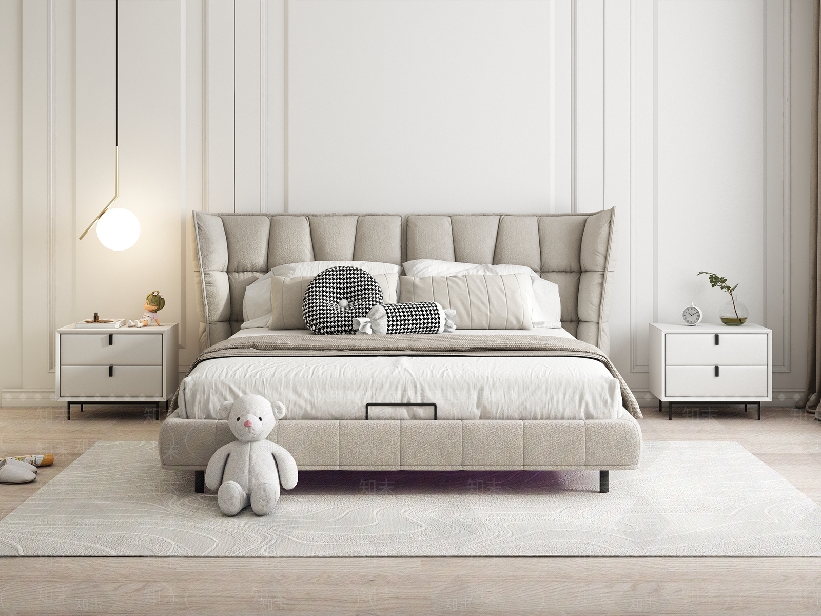 北欧软包靠背布艺双人床3D模型下载【ID:1126198336】