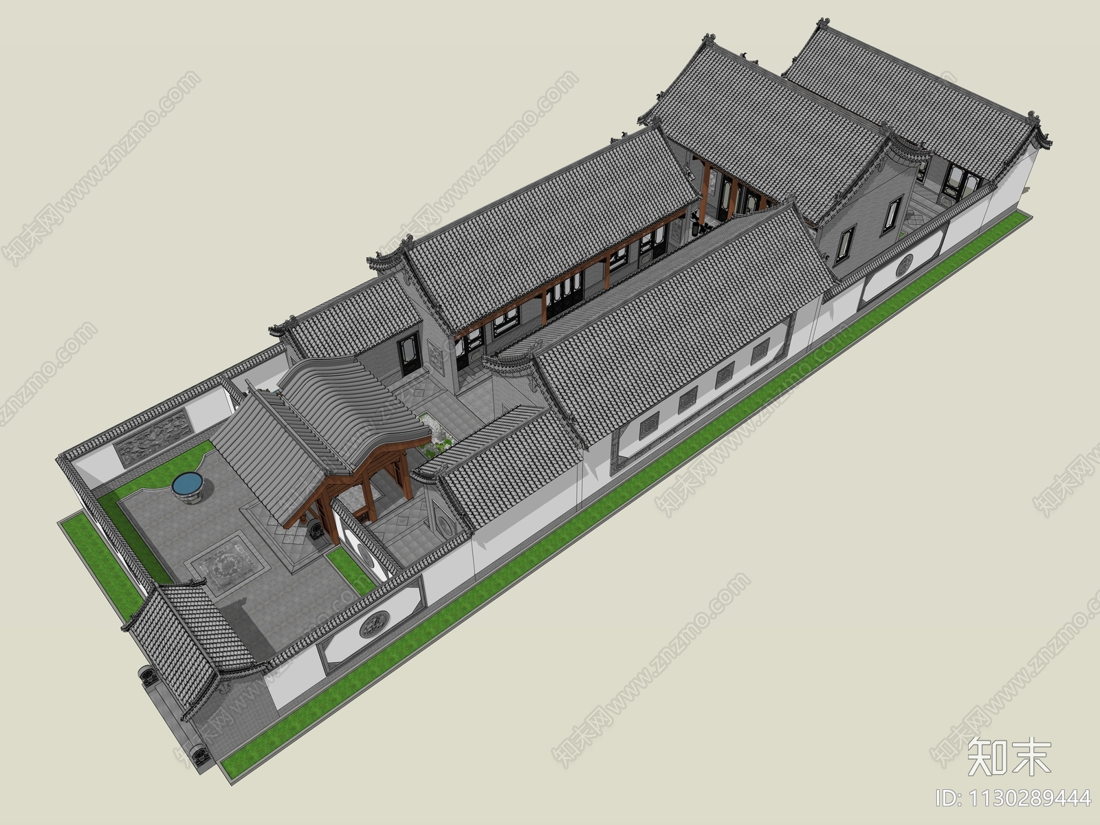 新中式三进院四合院庭院SU模型下载【ID:1130289444】