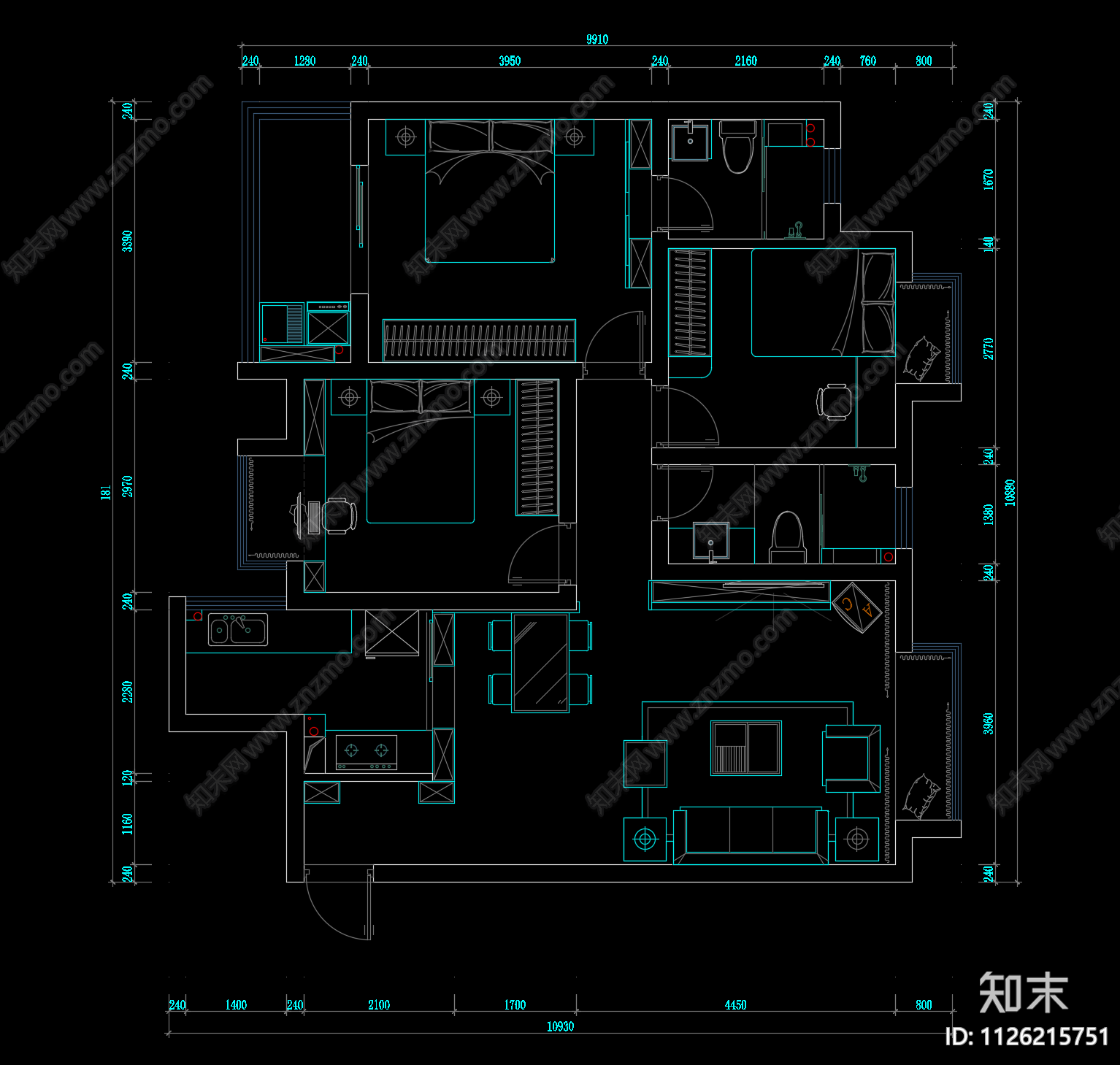 现代简约家装空间cad施工图下载【ID:1126215751】