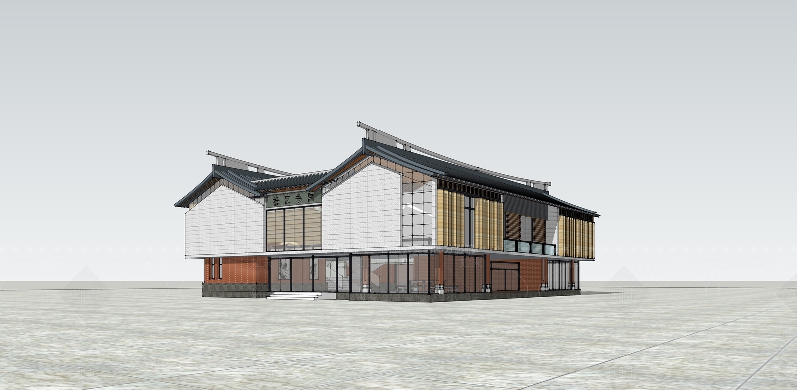 新中式图书馆建筑SU模型下载【ID:1126216178】