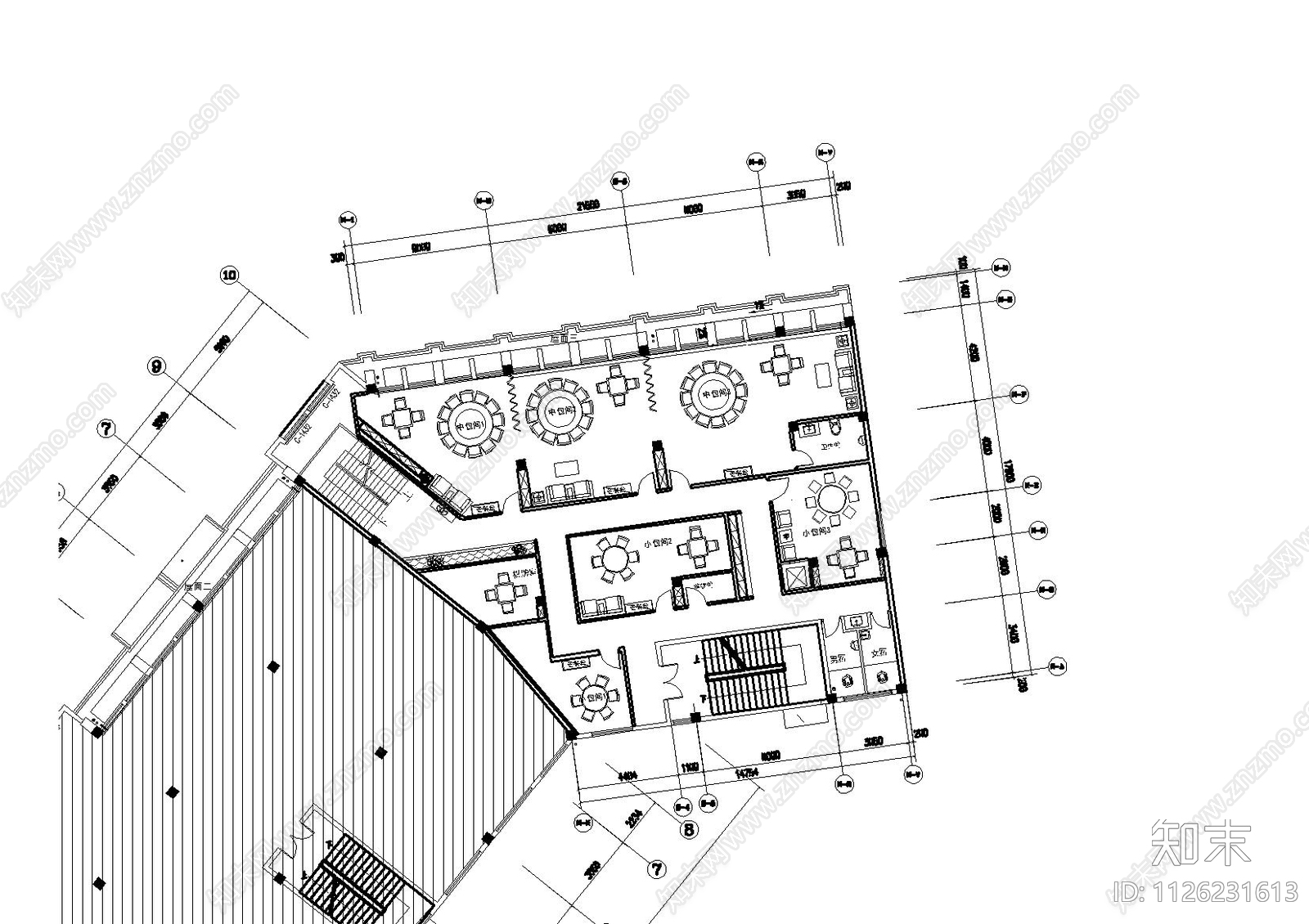 显示三层中餐厅平面cad施工图下载【ID:1126231613】