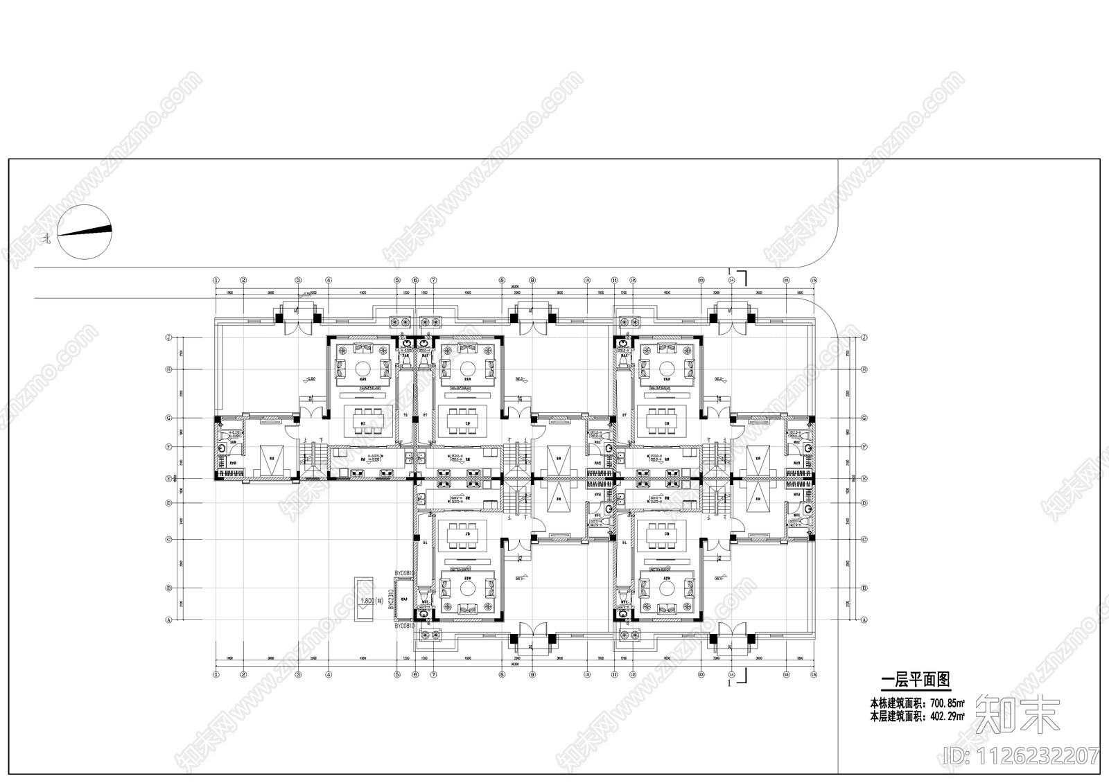 新中式联排别墅平立剖面cad施工图下载【ID:1126232207】