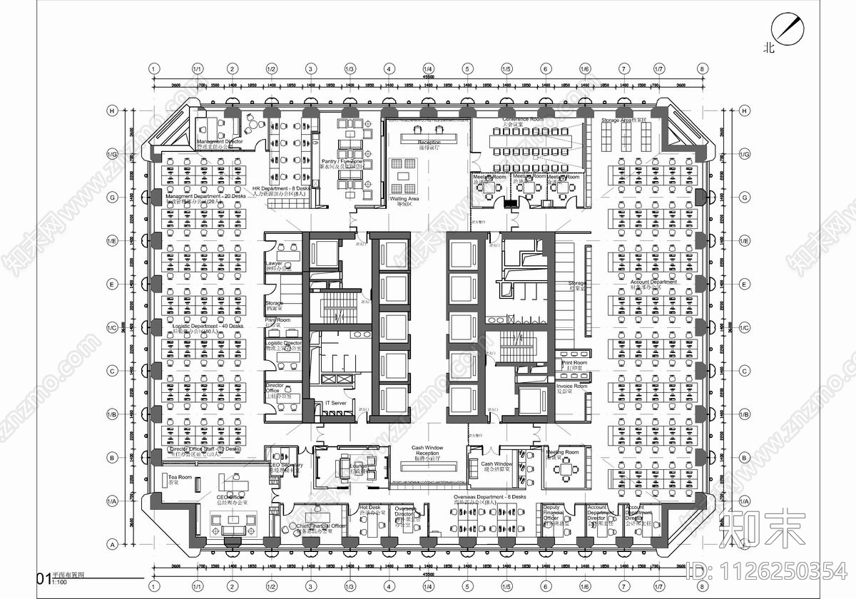1800㎡办公室CAD施工图施工图下载【ID:1126250354】