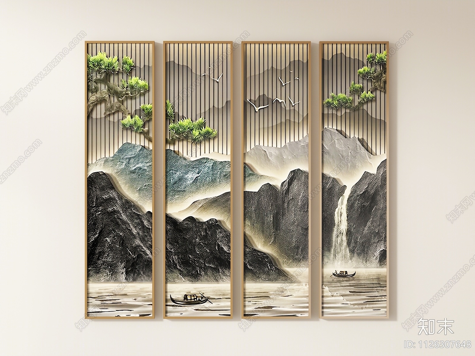 新中式禅意素雅山水风景装饰画SU模型下载【ID:1126307648】_知末su模型网