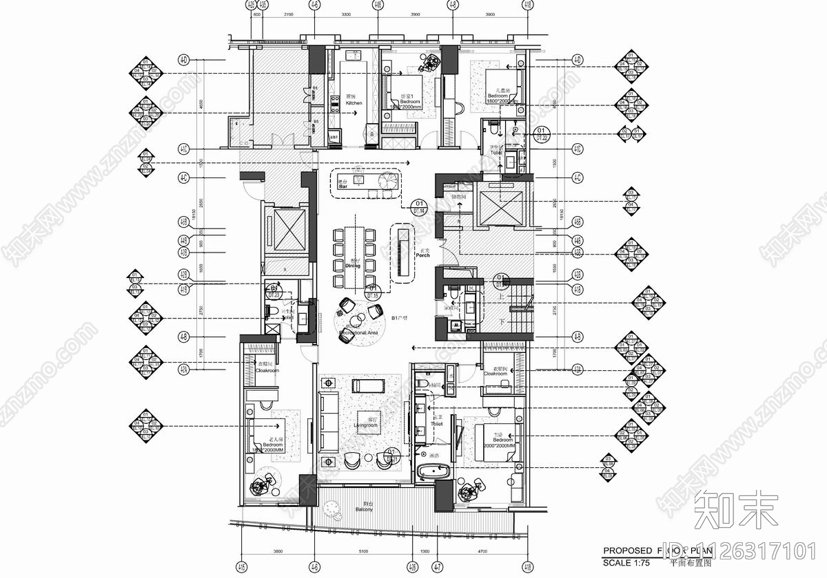 300㎡大平层CAD施工图cad施工图下载【ID:1126317101】