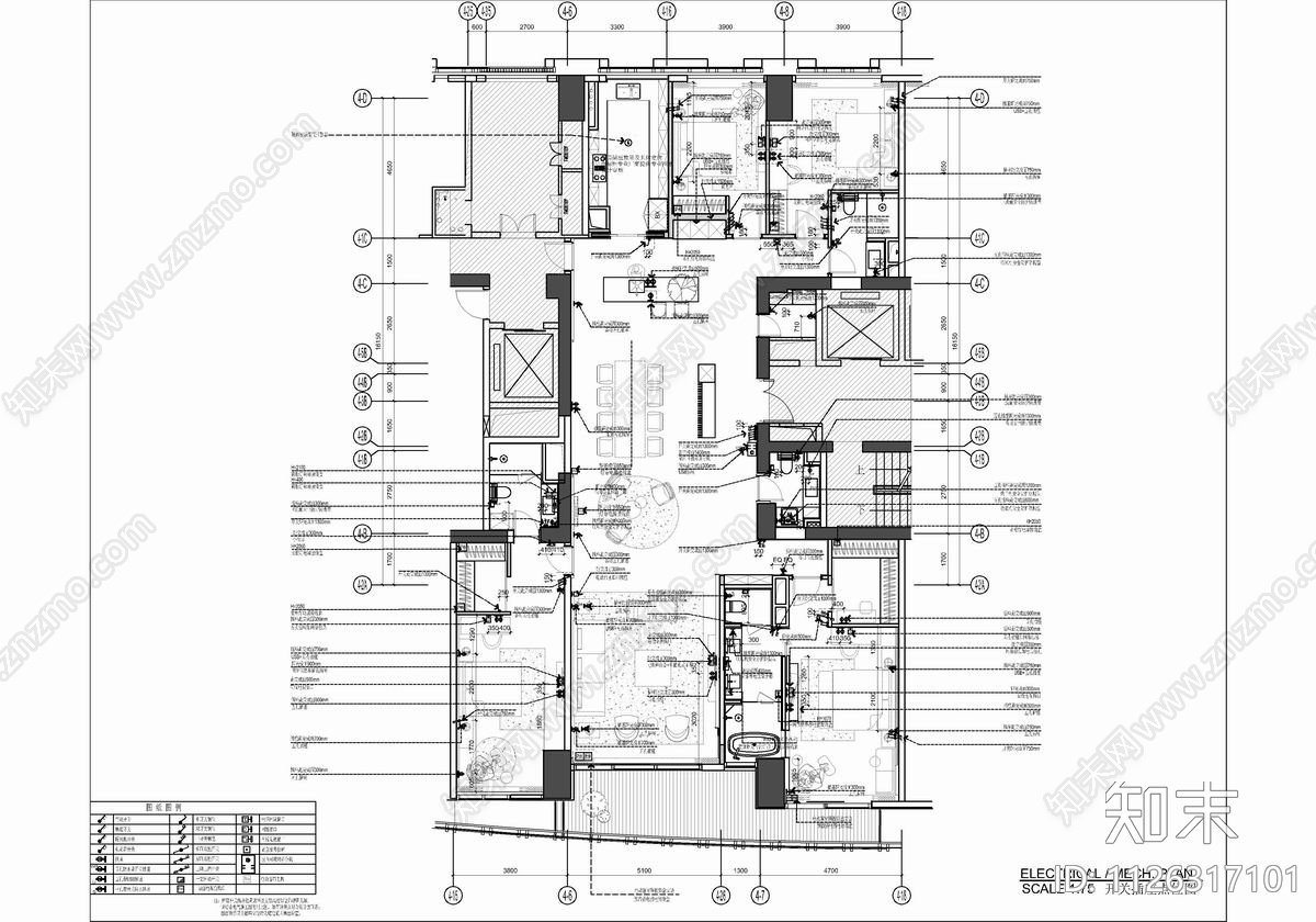 300㎡大平层CAD施工图cad施工图下载【ID:1126317101】