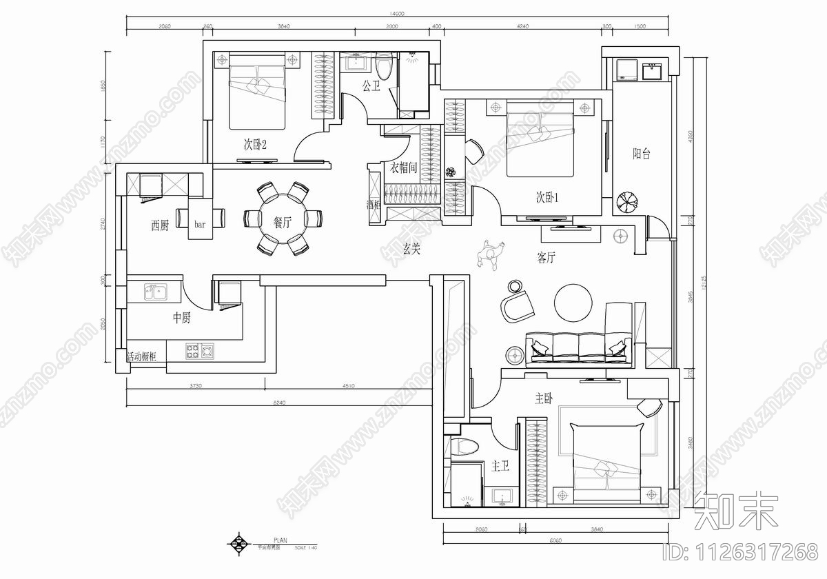 138㎡三居室家装CAD施工图下载【ID:1126317268】