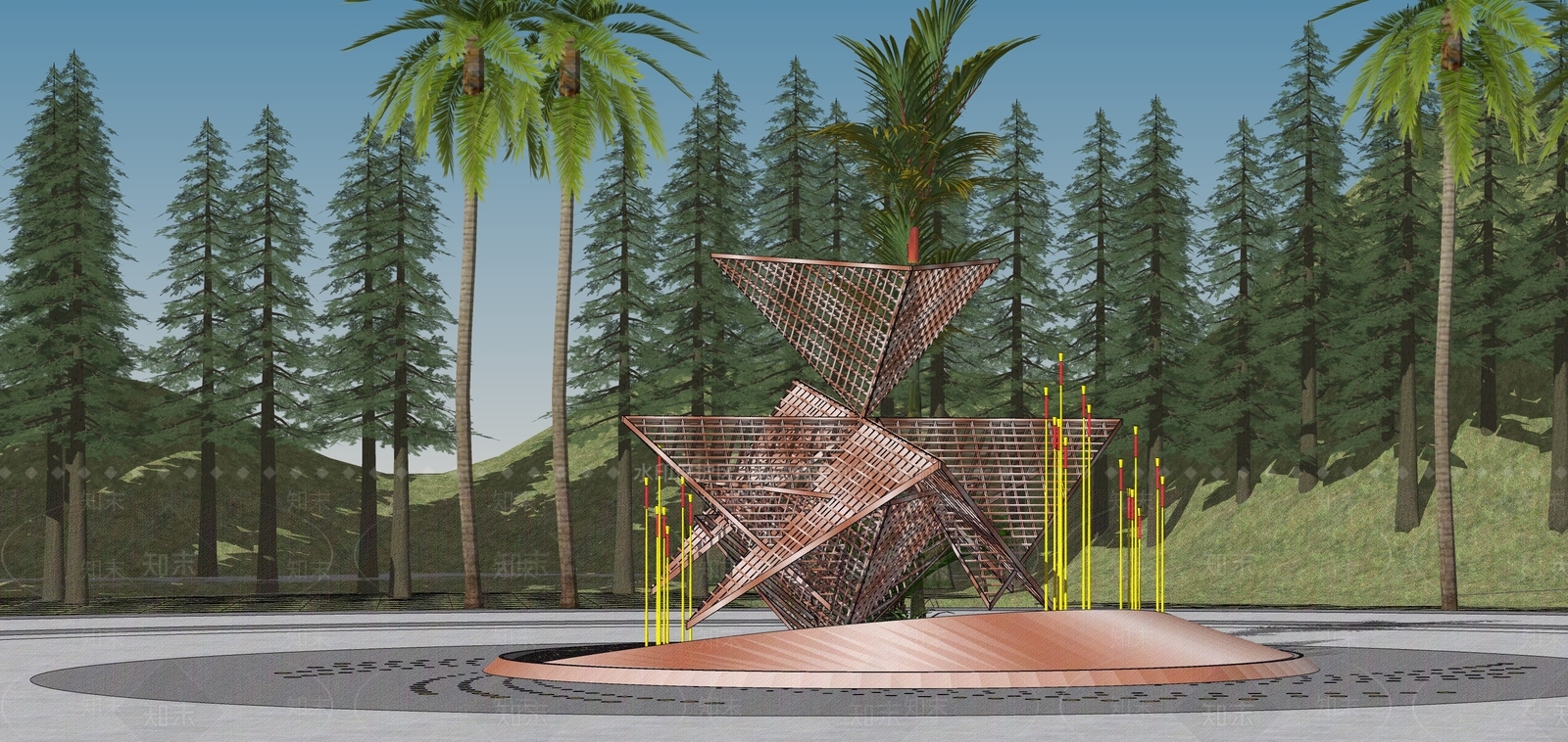 现代金属网格方框几何广场雕塑SU模型下载【ID:1126320202】