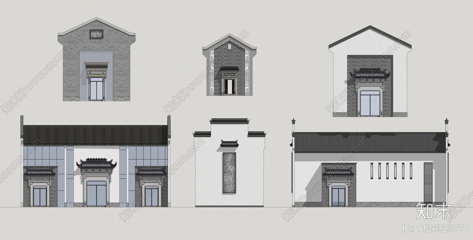 新中式徽派建筑片墙SU模型下载【ID:1126323771】