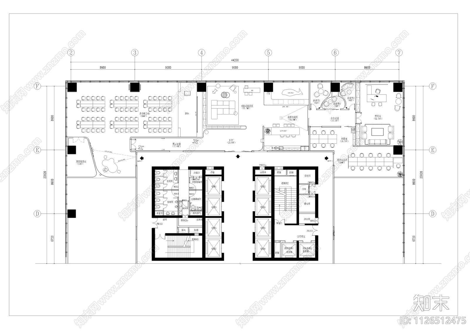 现代简约教育培训办公室平面布置图cad施工图下载【ID:1126512475】