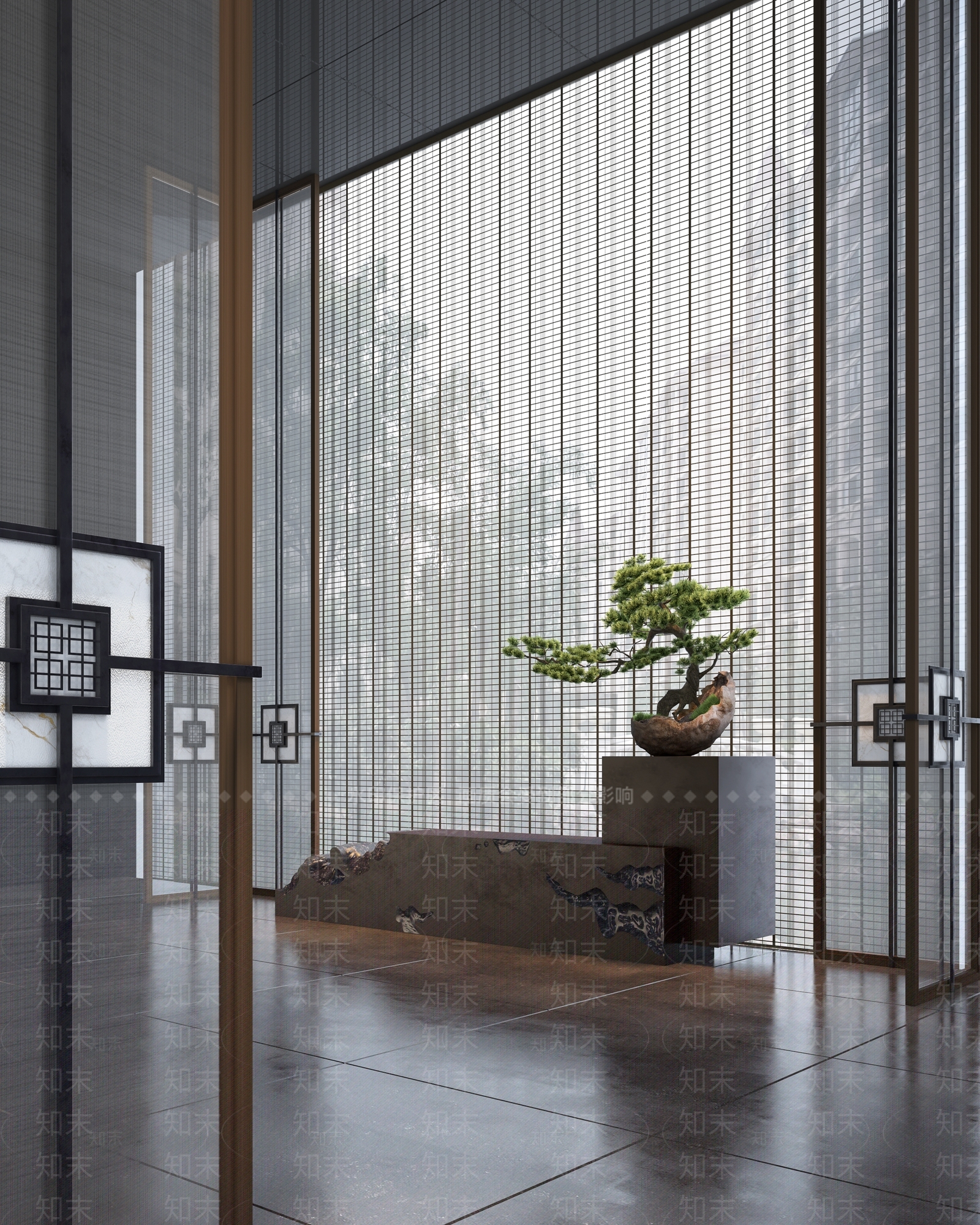 新中式玄关松树摆件SU模型下载【ID:1126351761】