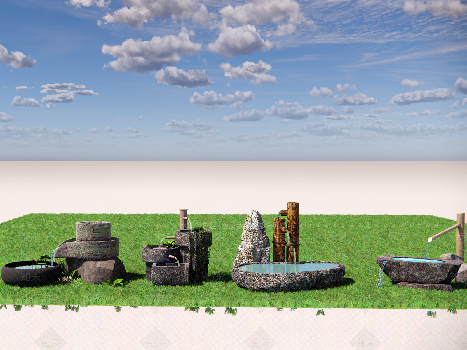 中式石槽竹子点状水景SU模型下载【ID:1126357586】