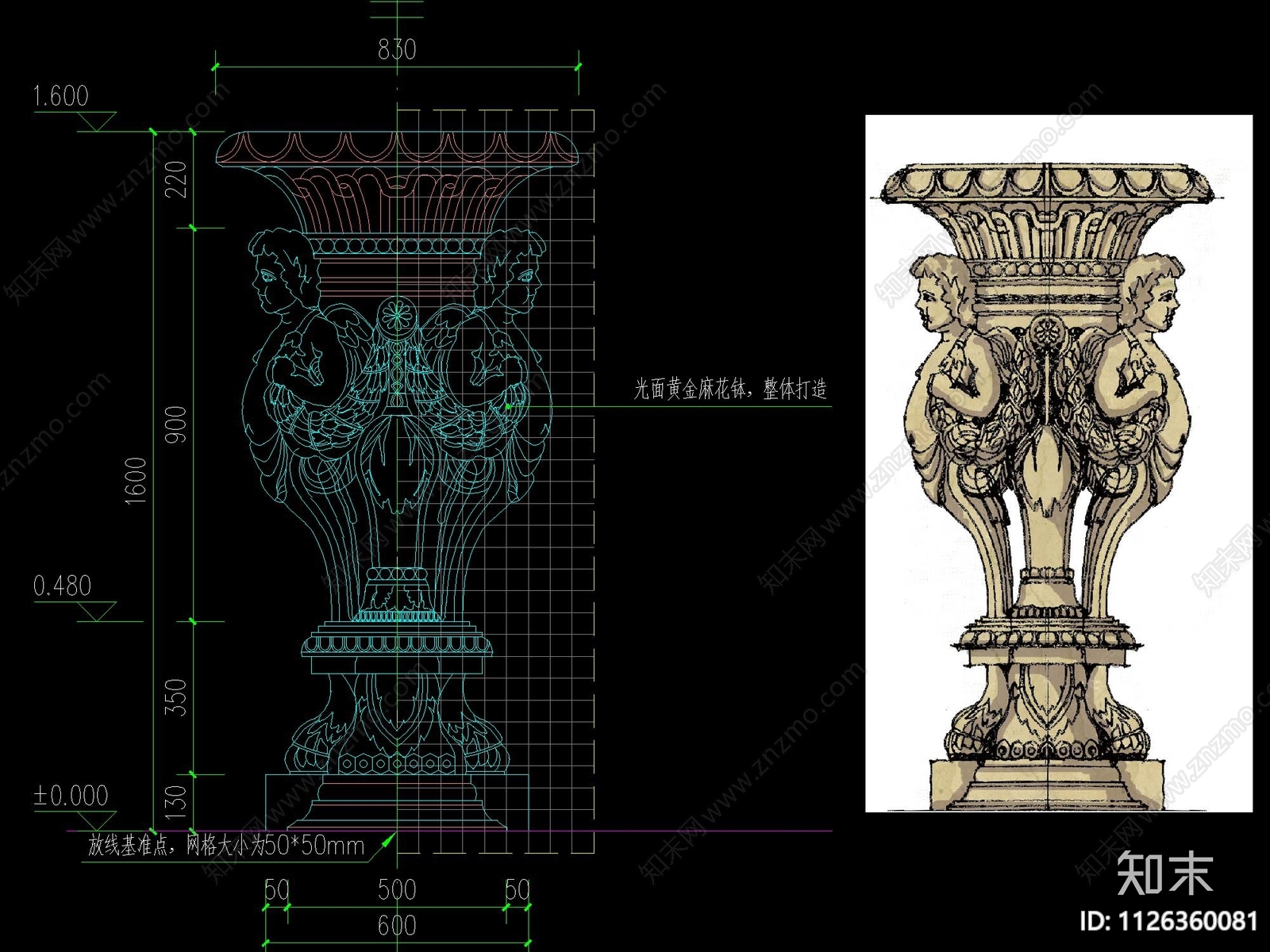 欧式花钵柱详图cad施工图下载【ID:1126360081】