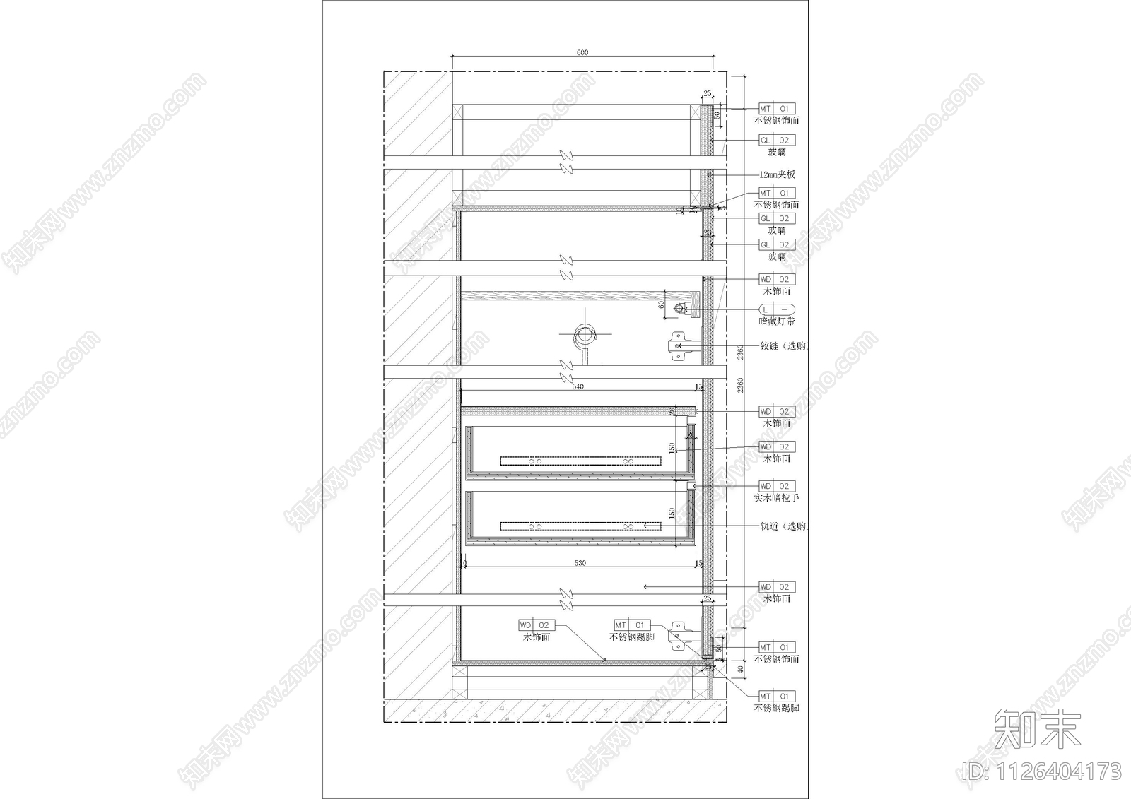 总裁室衣柜造型墙大样图cad施工图下载【ID:1126404173】