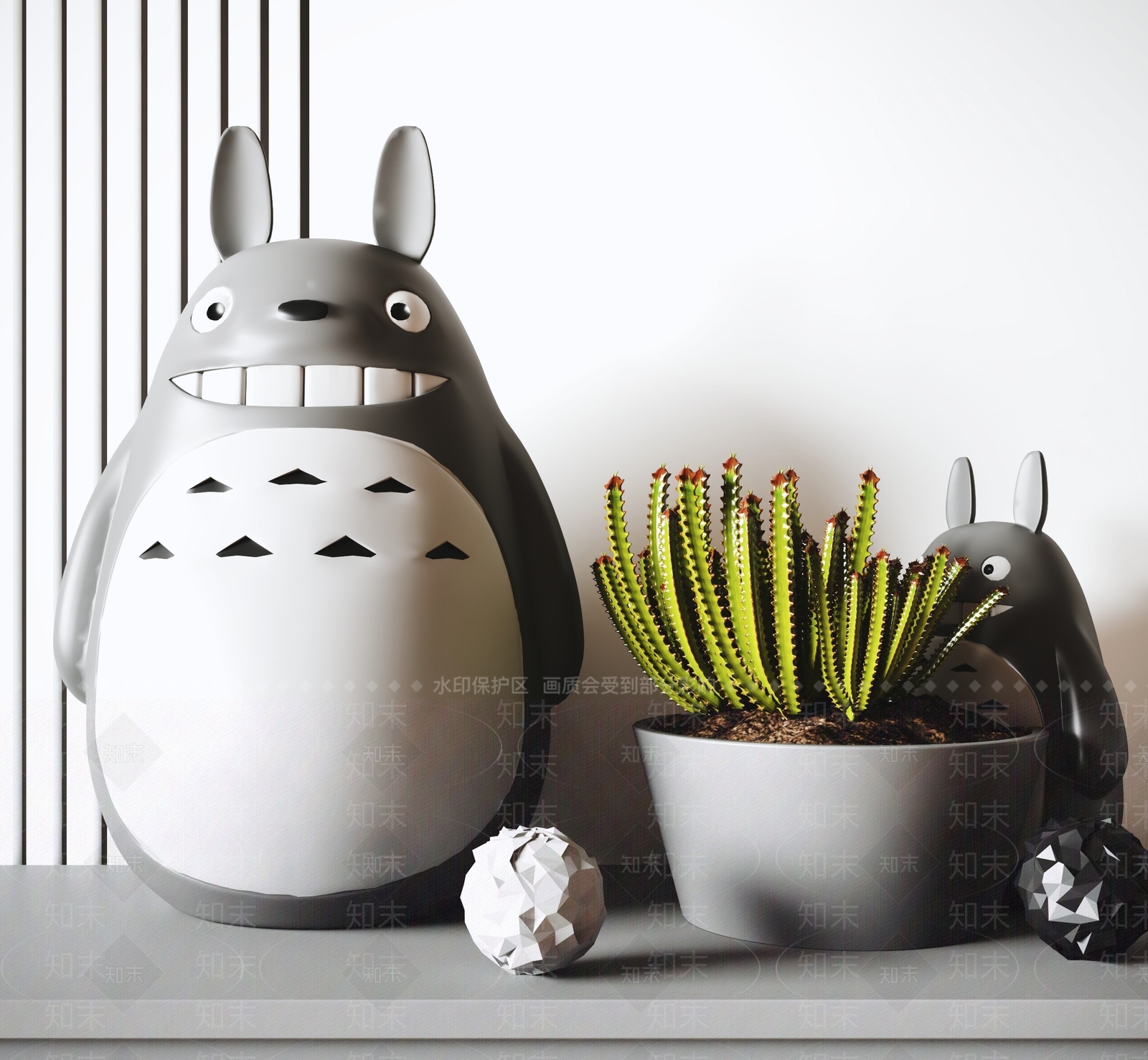 现代龙猫雕塑盆栽组合SU模型下载【ID:1126412017】