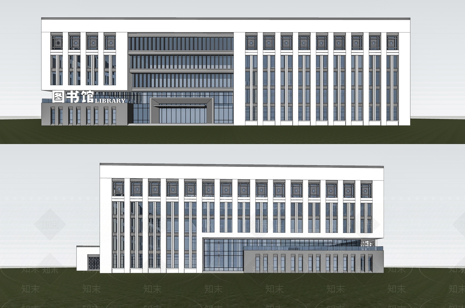 现代简约图书馆建筑SU模型下载【ID:1126452260】