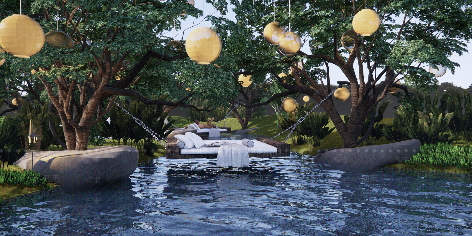 现代吊床景观SU模型下载【ID:1126452912】