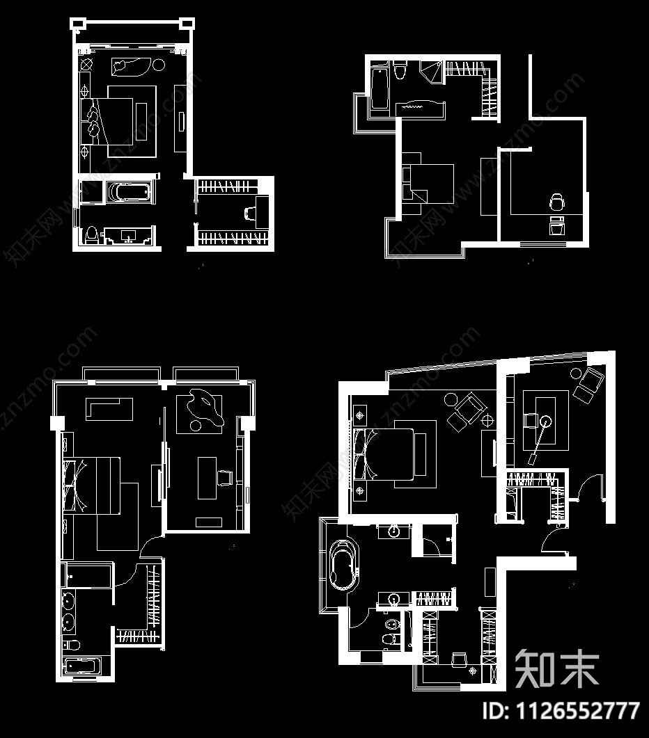 100套主卧空间CAD平面套图施工图下载【ID:1126552777】