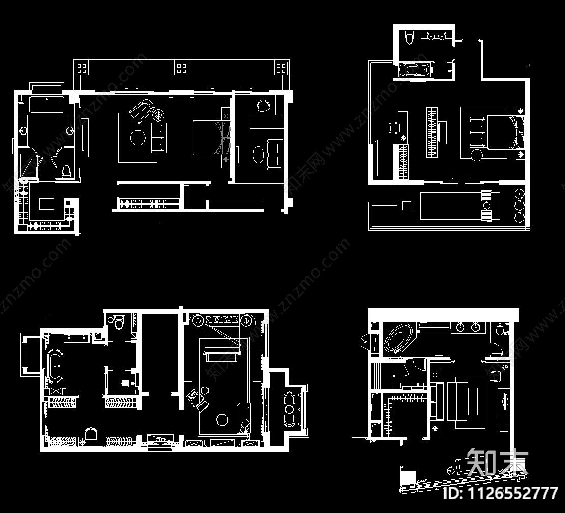 100套主卧空间CAD平面套图施工图下载【ID:1126552777】