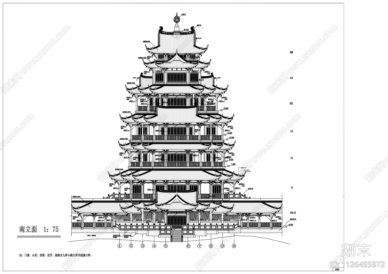 中式洪恩阁cad施工图下载【ID:1126495972】