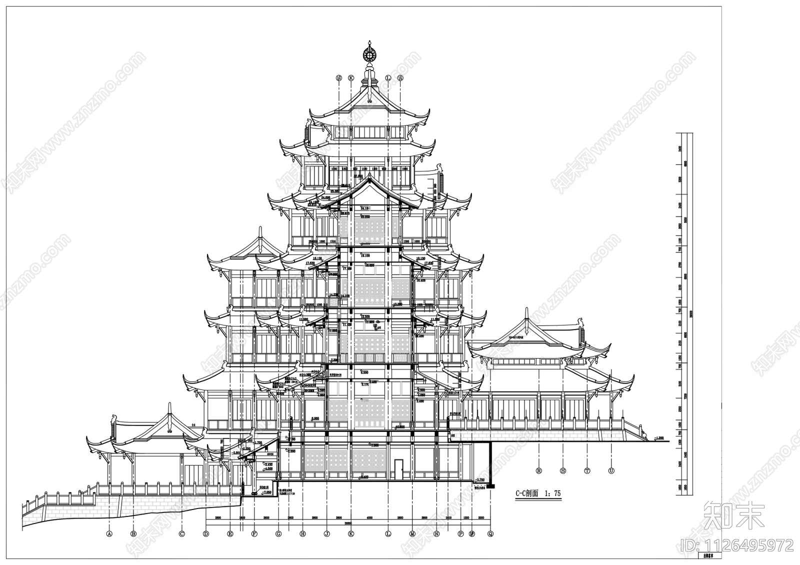 中式洪恩阁cad施工图下载【ID:1126495972】
