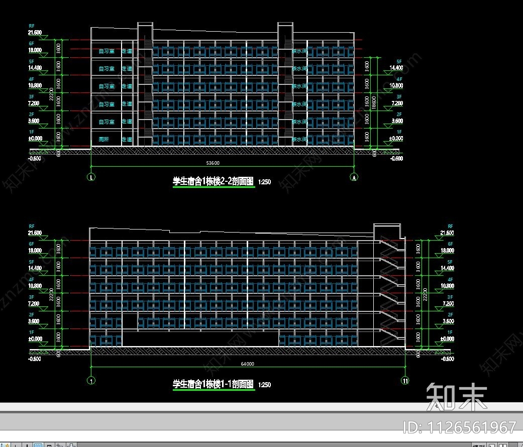学生宿舍平立剖cad施工图下载【ID:1126561967】