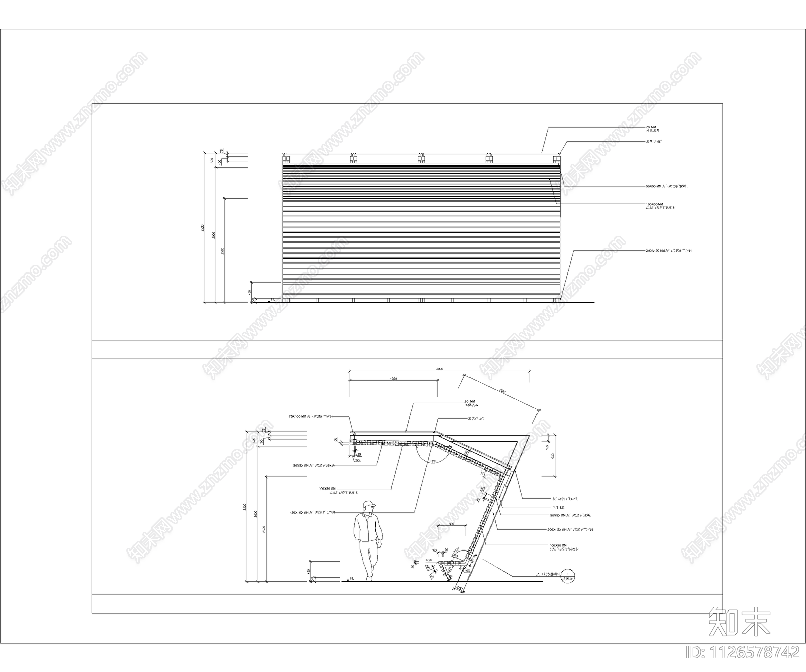 入口现代单向休闲廊架施工图下载【ID:1126578742】