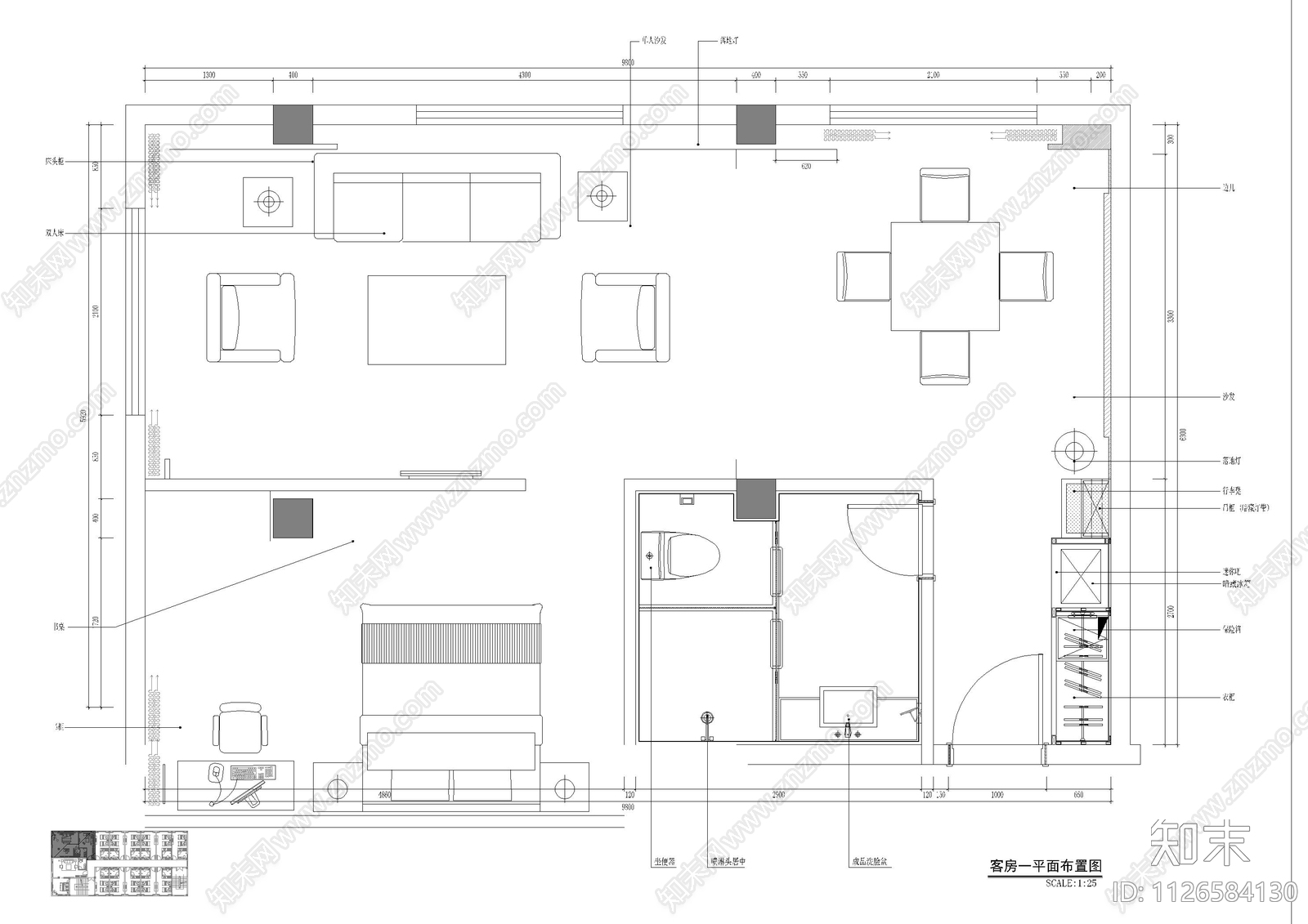 现代检察院客房平立面图cad施工图下载【ID:1126584130】