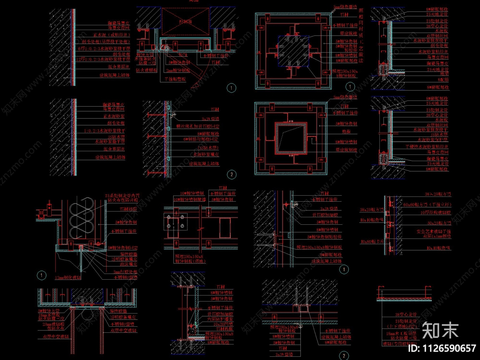 现代墙面各种材料做法及交界面做法详图cad施工图下载【ID:1126590657】