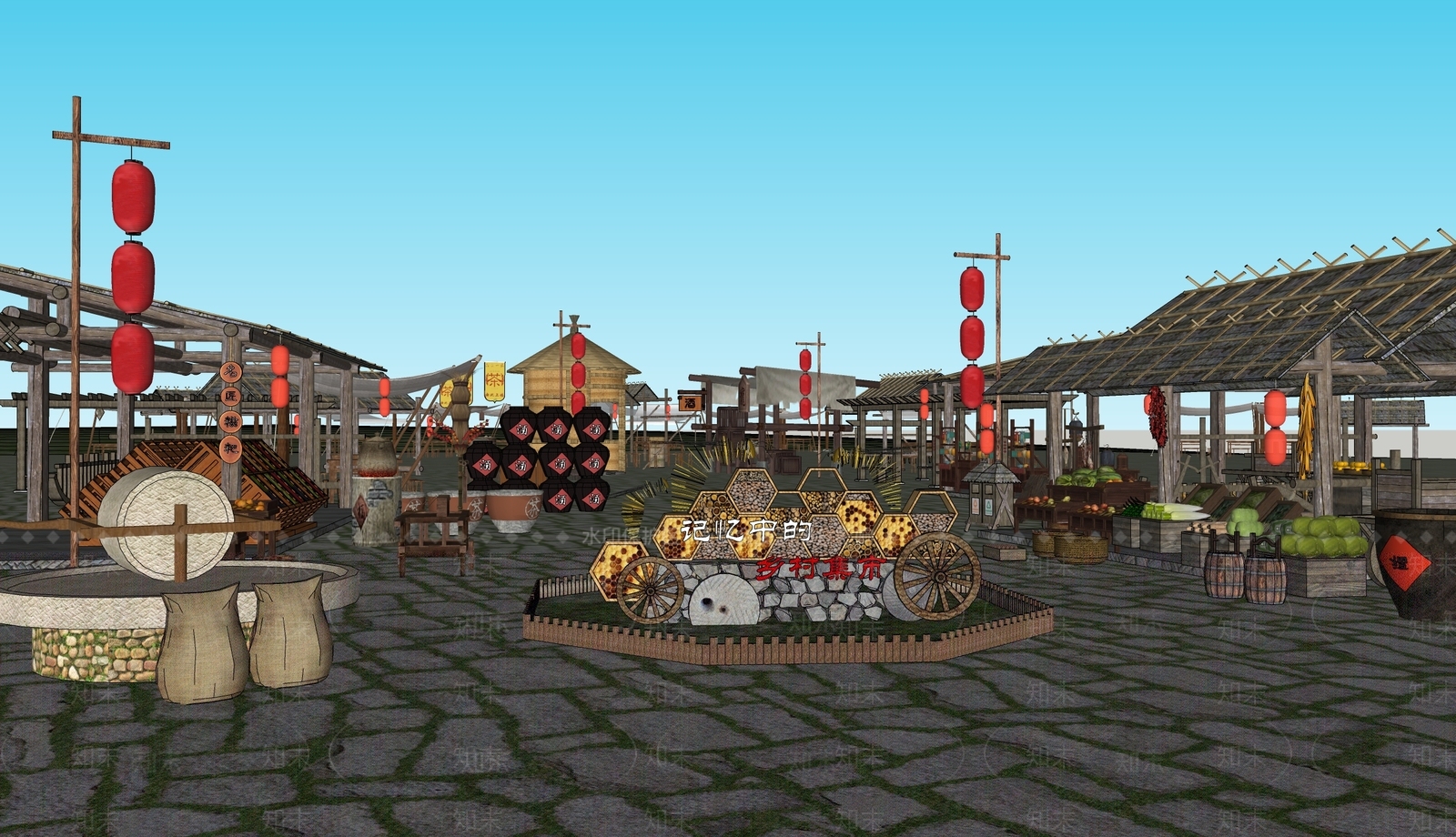 中式乡村集市广场景观SU模型下载【ID:1126636359】