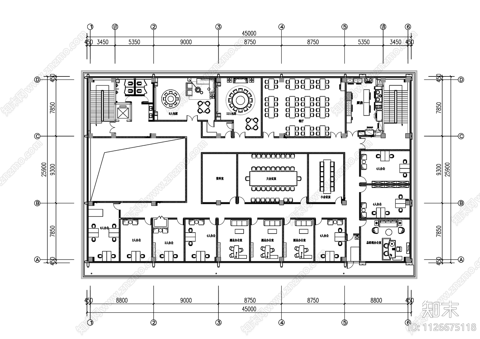 现代风格办公室平面布置cad施工图下载【ID:1126675118】