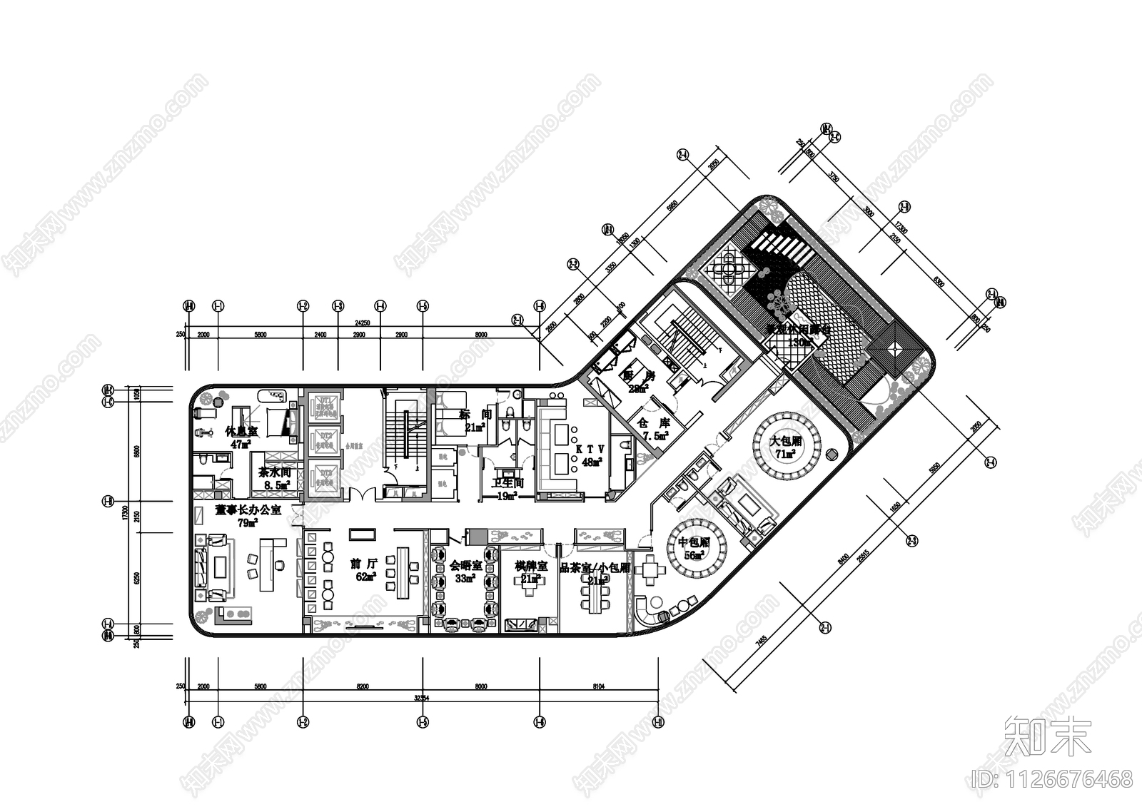 新中式风格会所平面布置图cad施工图下载【ID:1126676468】