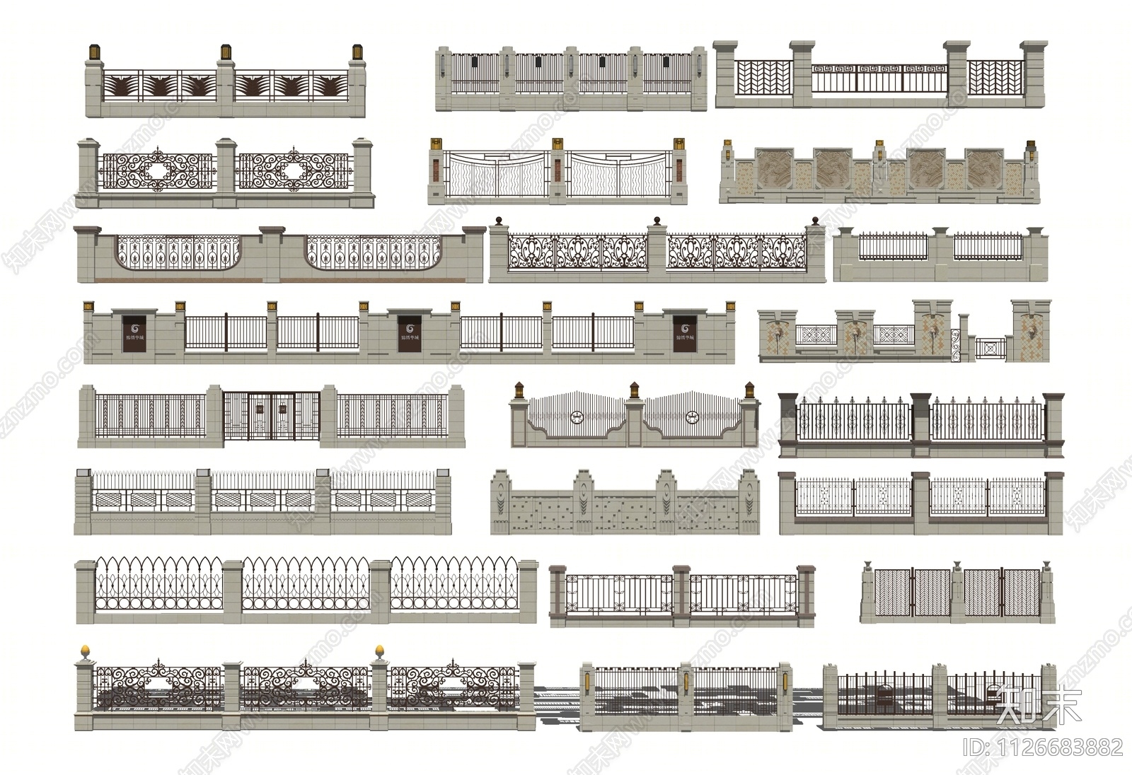 欧式小区围墙景墙组合SU模型下载【ID:1126683882】