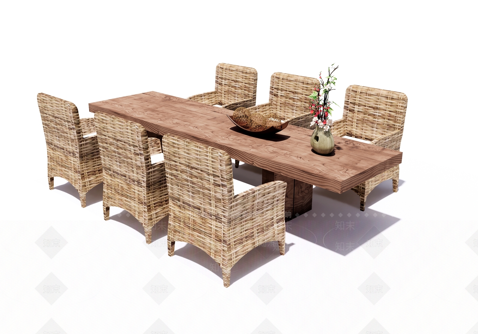 侘寂户外藤椅餐桌椅组合SU模型下载【ID:1126684829】
