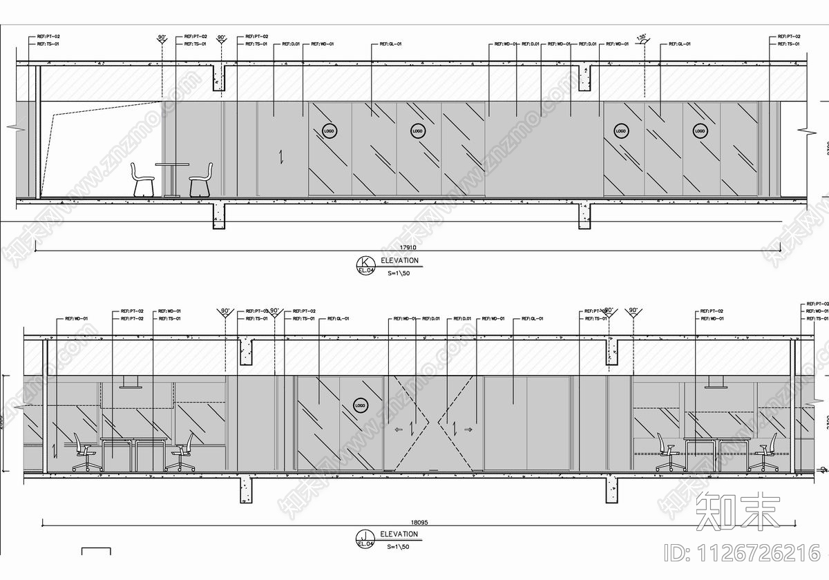 1100㎡办公空间CAD施工图cad施工图下载【ID:1126726216】