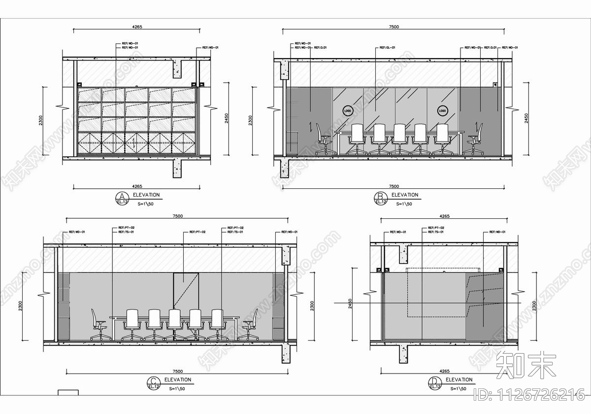 1100㎡办公空间CAD施工图cad施工图下载【ID:1126726216】