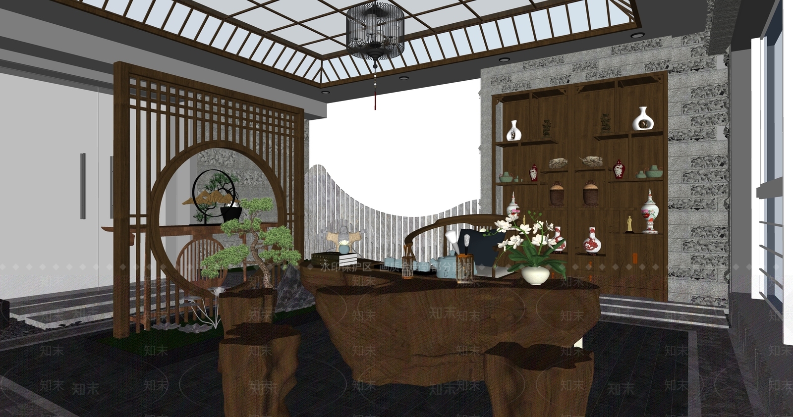 新中式室内景观茶室SU模型下载【ID:1126733527】