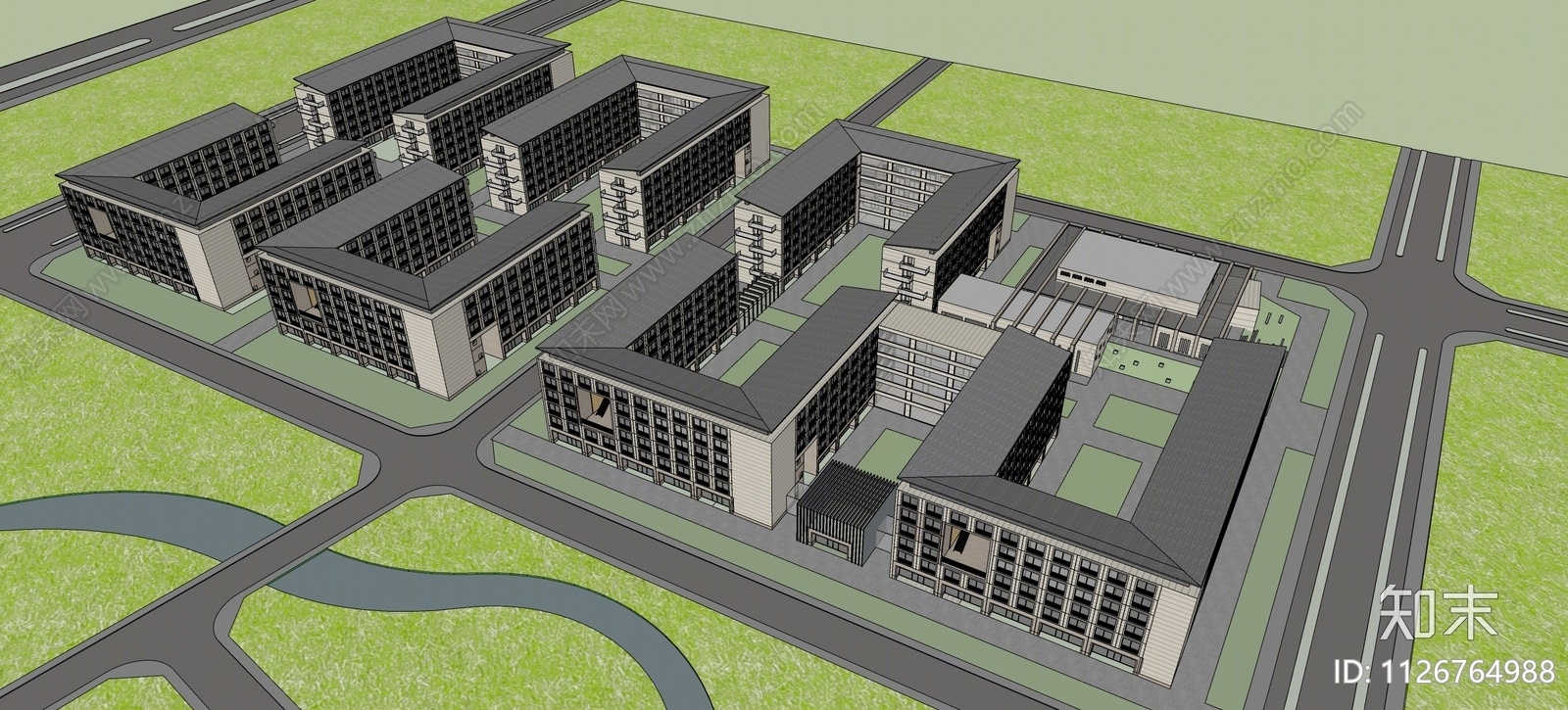 新中式宿舍楼建筑SU模型下载【ID:1126764988】