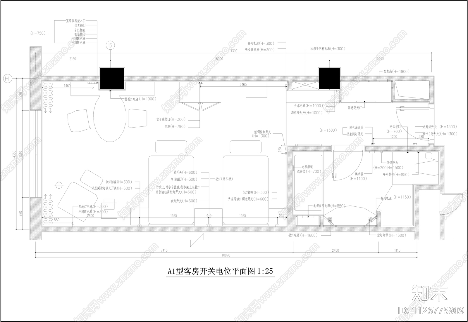 现代简约酒店客房cad施工图下载【ID:1126775909】