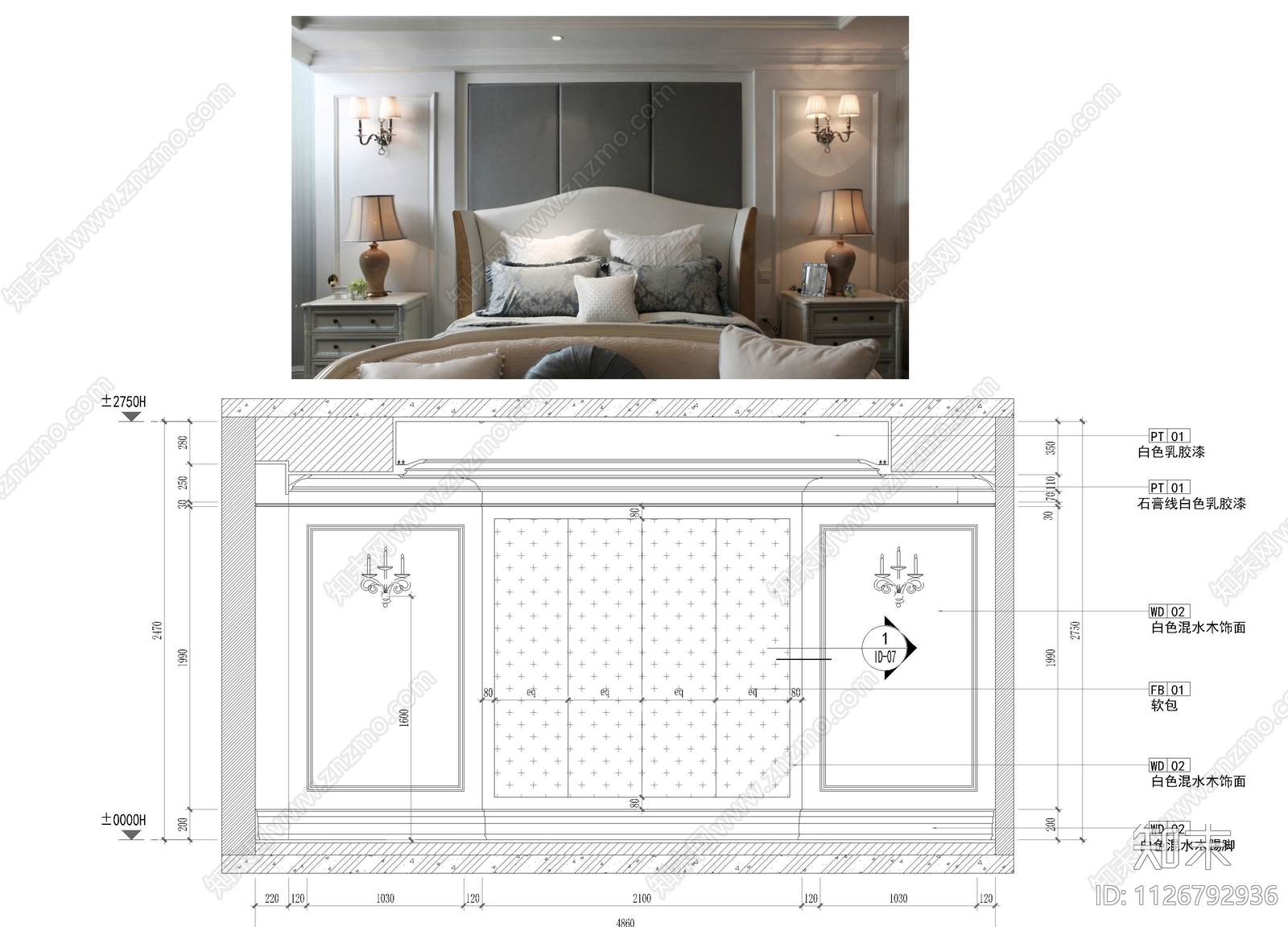 欧式背景墙床头背景墙含效果图cad施工图下载【ID:1126792936】