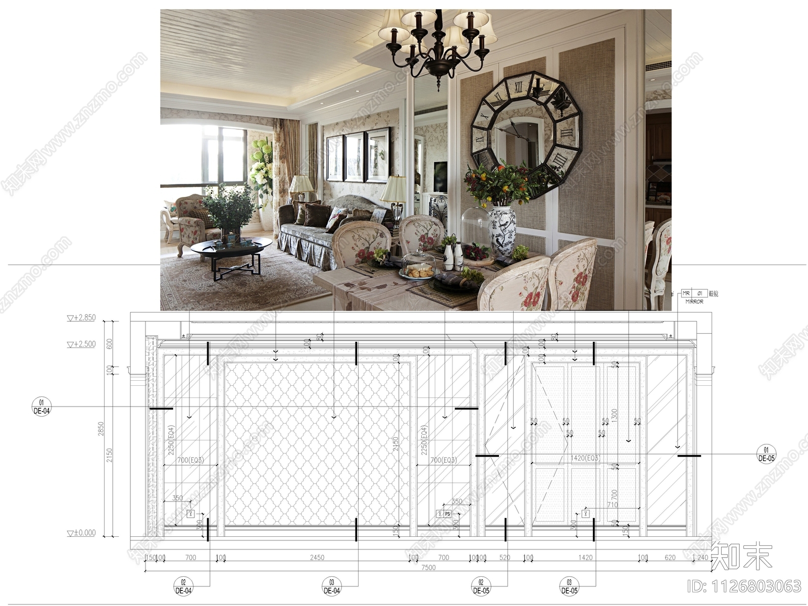 欧式客餐厅背景墙施工图下载【ID:1126803063】