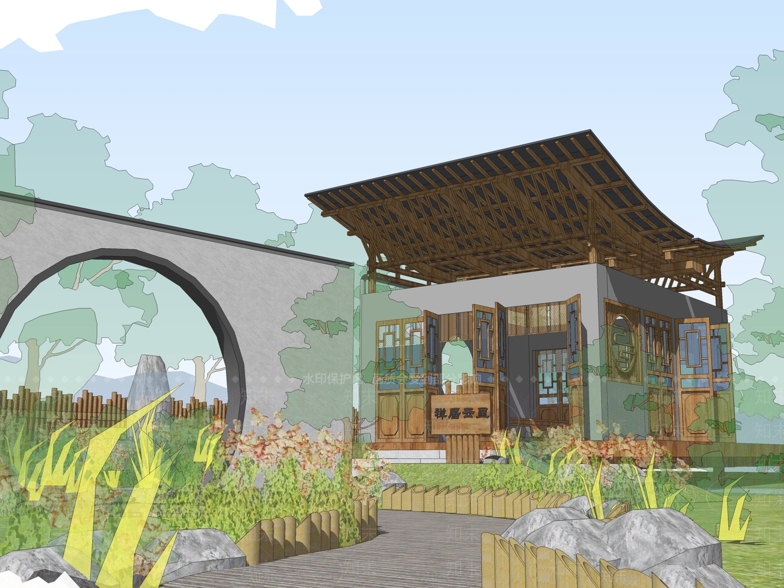 新中式古建筑SU模型下载【ID:1126832421】