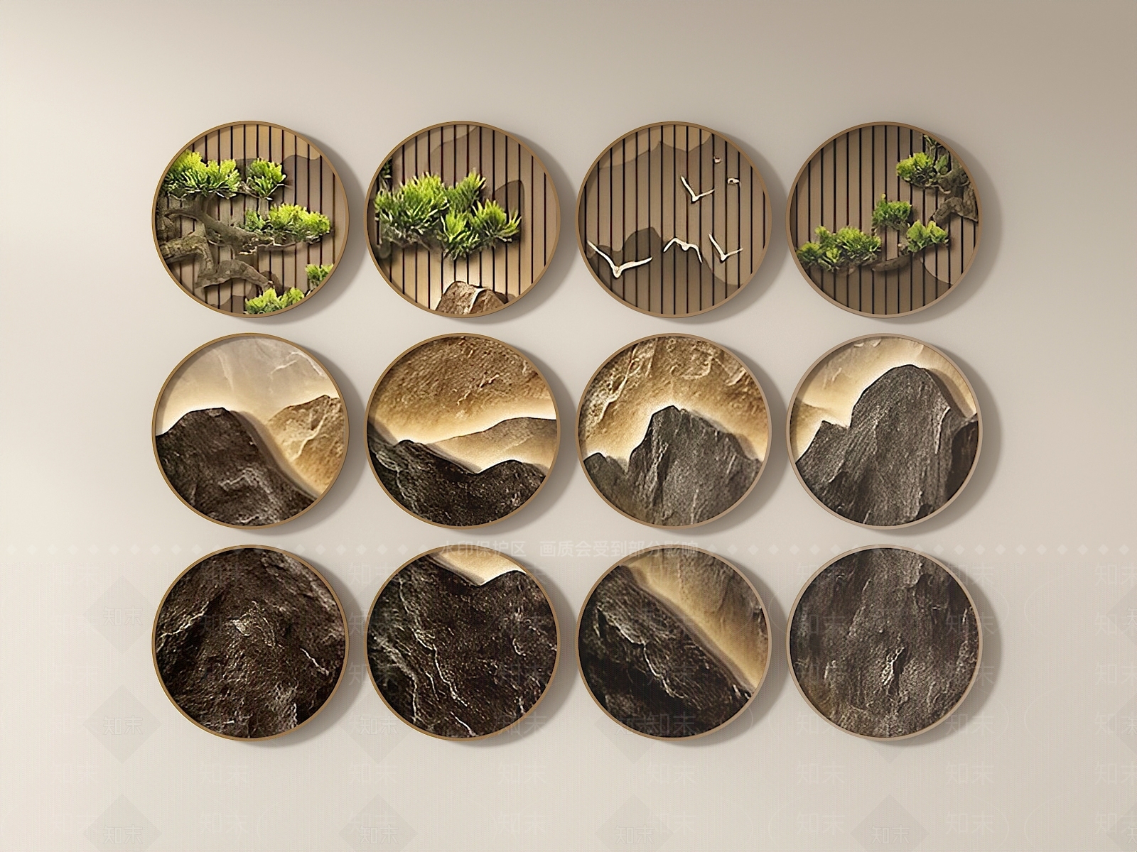 新中式禅意素雅山水风景松树飞鸟装饰画SU模型下载【ID:1126888648】